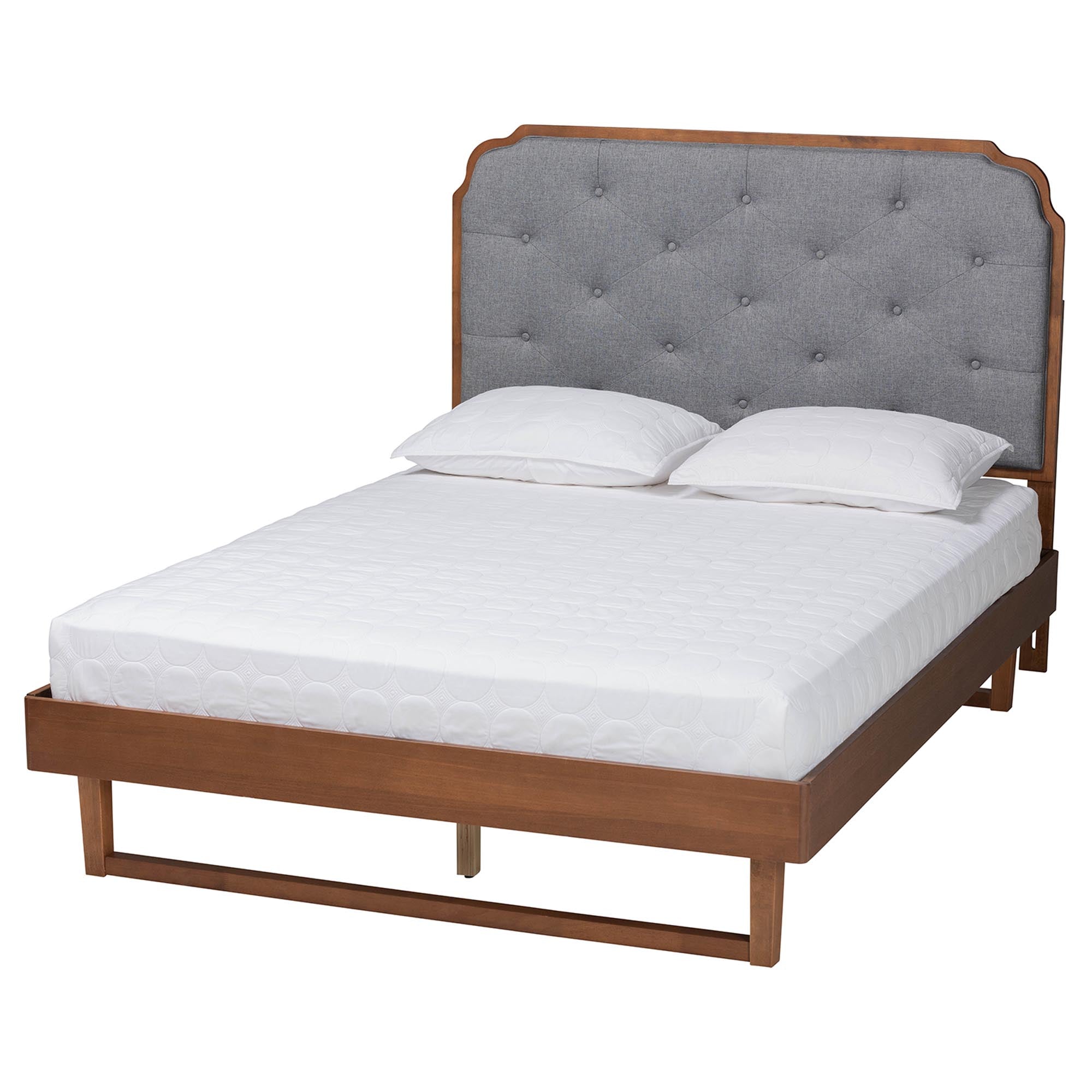 Roald Mid-Century Modern Grey Fabric And Walnut Brown Wood Queen Size Platform Bed