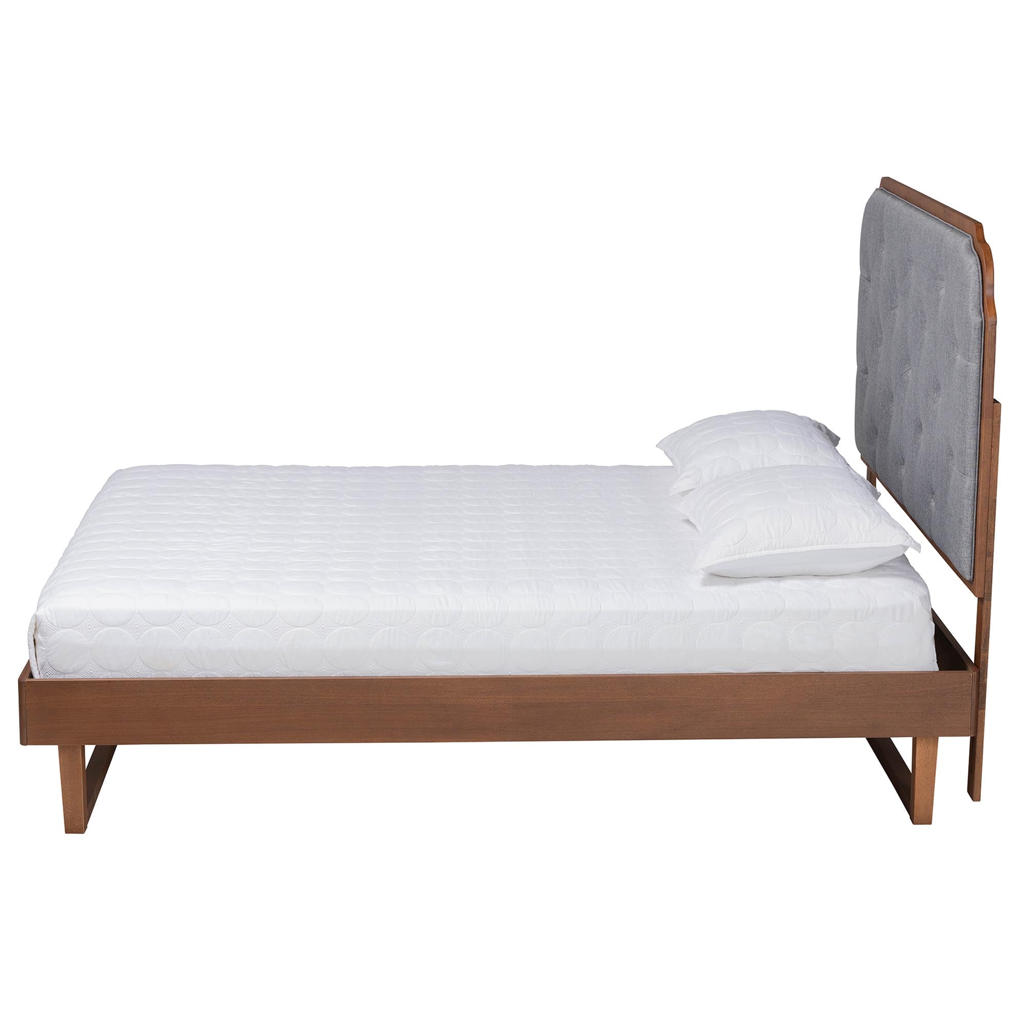 Roald Mid-Century Modern Grey Fabric And Walnut Brown Wood Queen Size Platform Bed