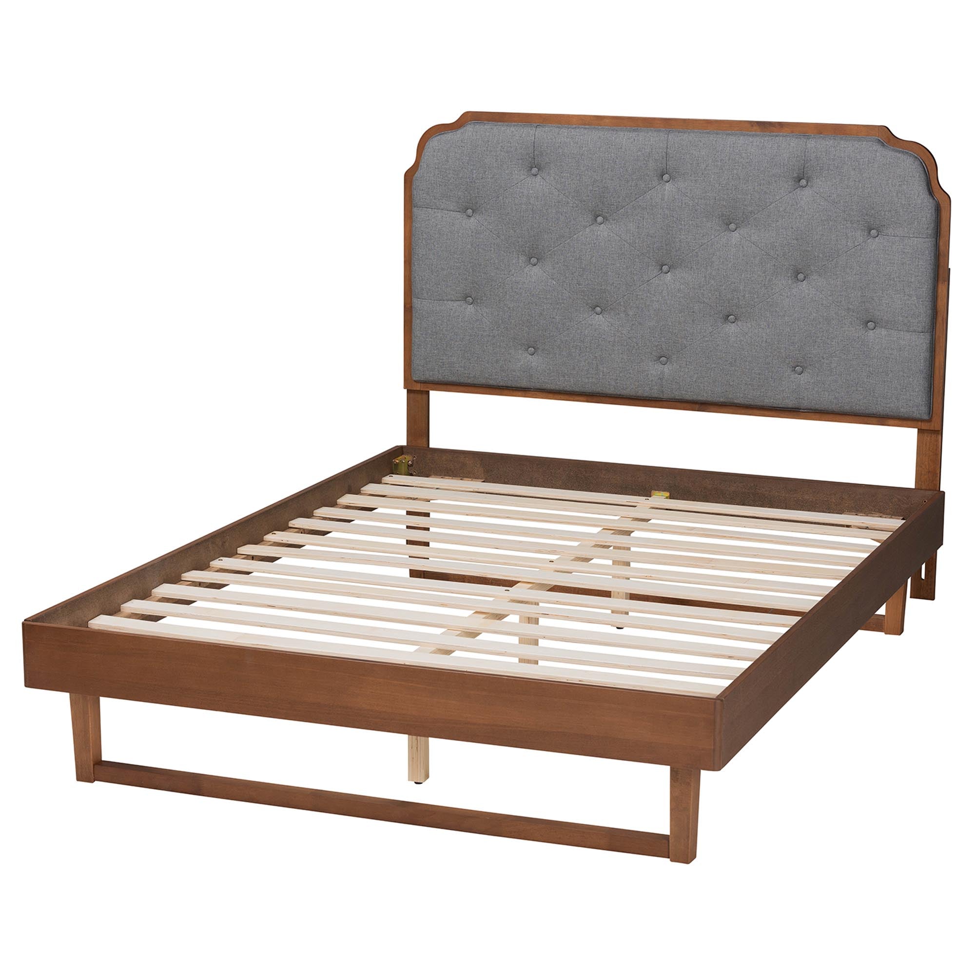 Roald Mid-Century Modern Grey Fabric And Walnut Brown Wood Queen Size Platform Bed