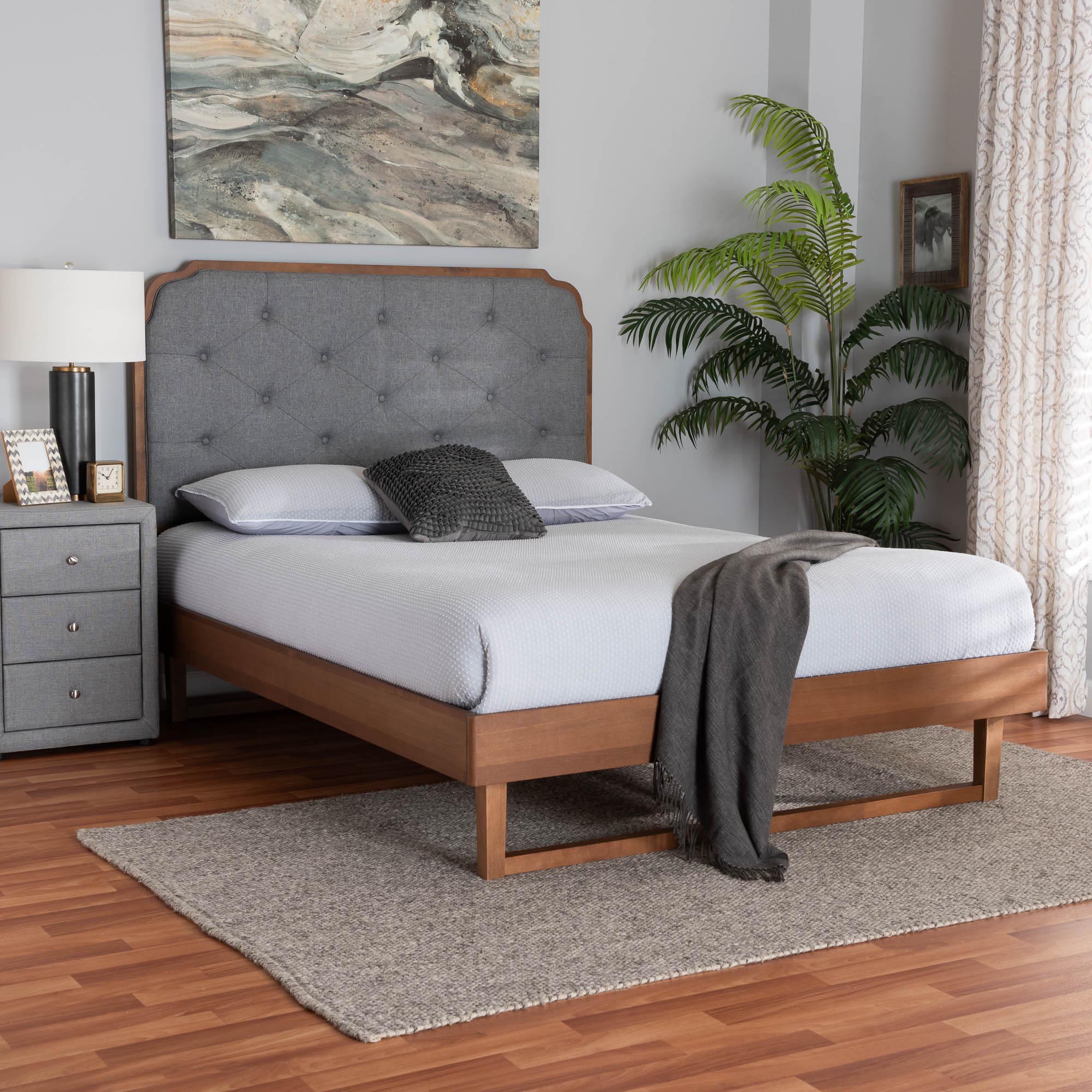 Roald Mid-Century Modern Grey Fabric And Walnut Brown Wood Queen Size Platform Bed