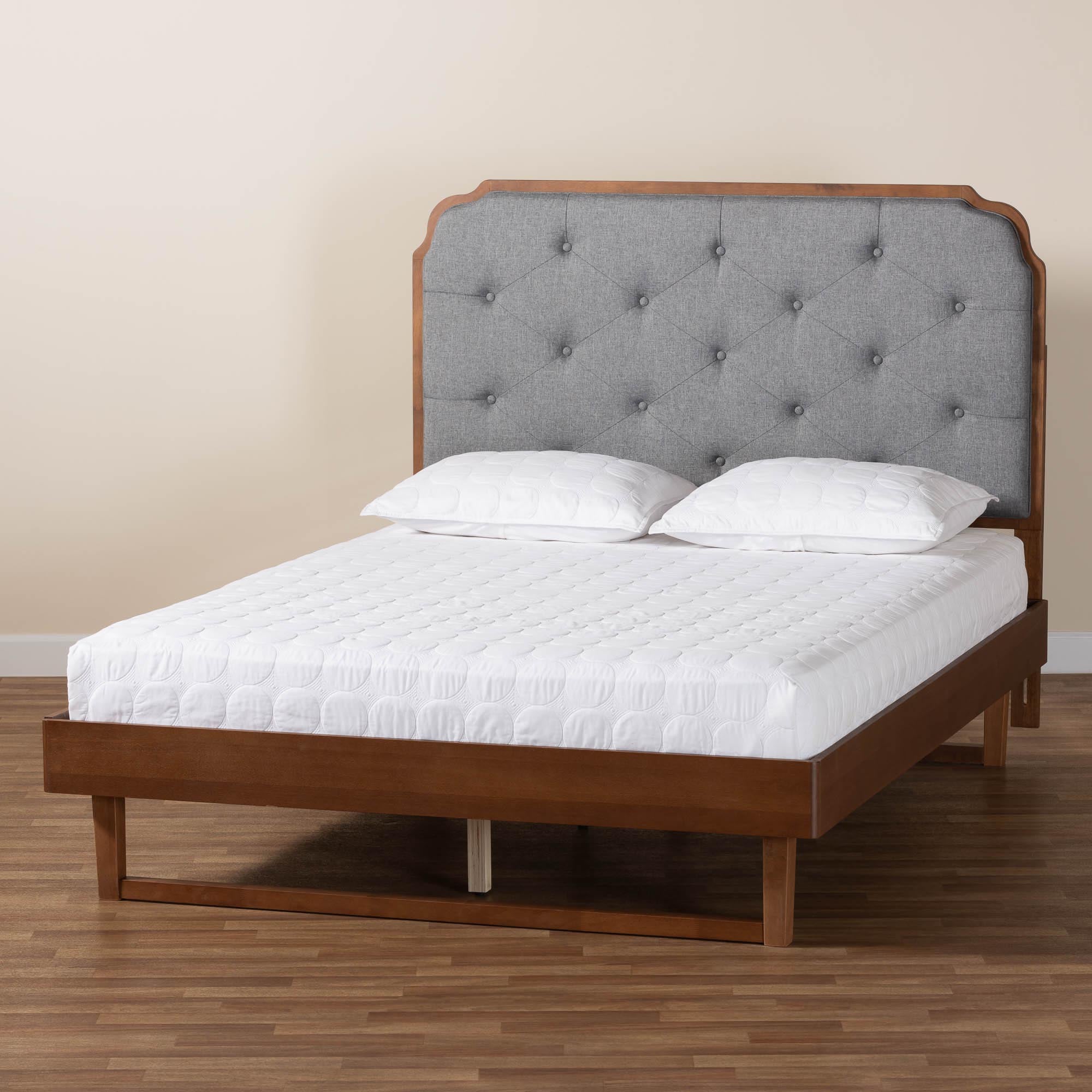 Roald Mid-Century Modern Grey Fabric And Walnut Brown Wood Queen Size Platform Bed