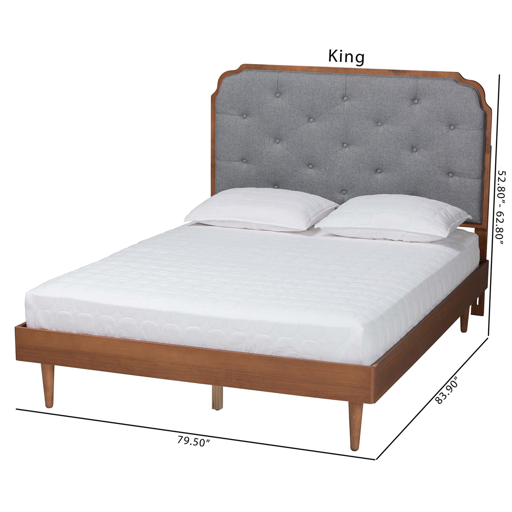 Garron Mid-Century Modern Grey Fabric And Walnut Brown Wood King Size Platform Bed