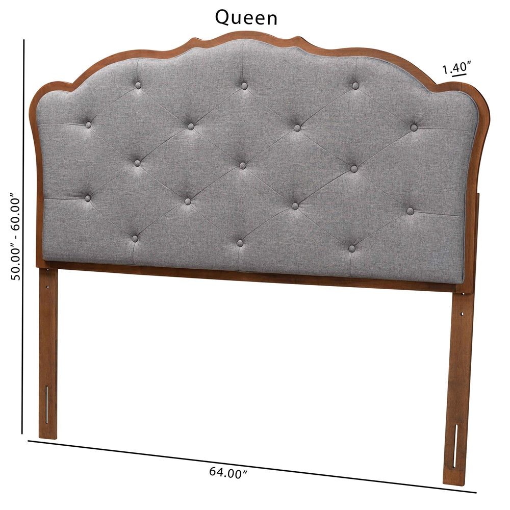 Leandra Classic and Traditional Grey Fabric and Walnut Brown Finished Wood Queen Size Headboard