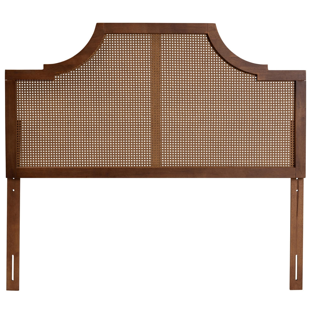 Risha Mid-Century Modern Ash Walnut Finished Wood and Rattan Queen Size Headboard