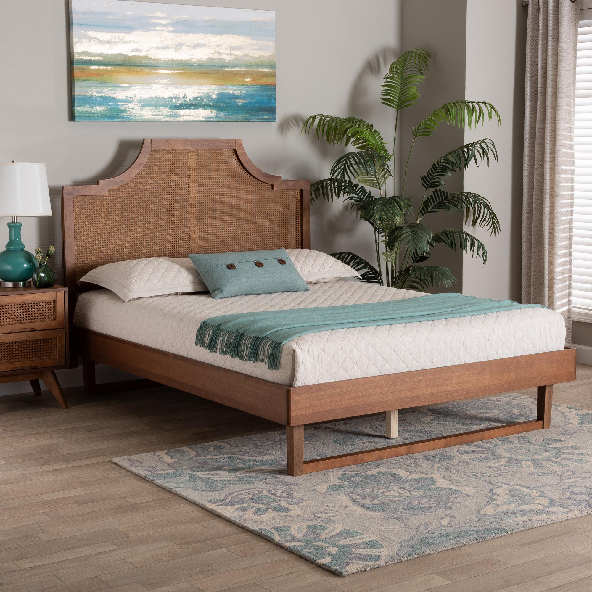 Francine Mid-Century Modern Ash Walnut Woven Rattan King Size Bed