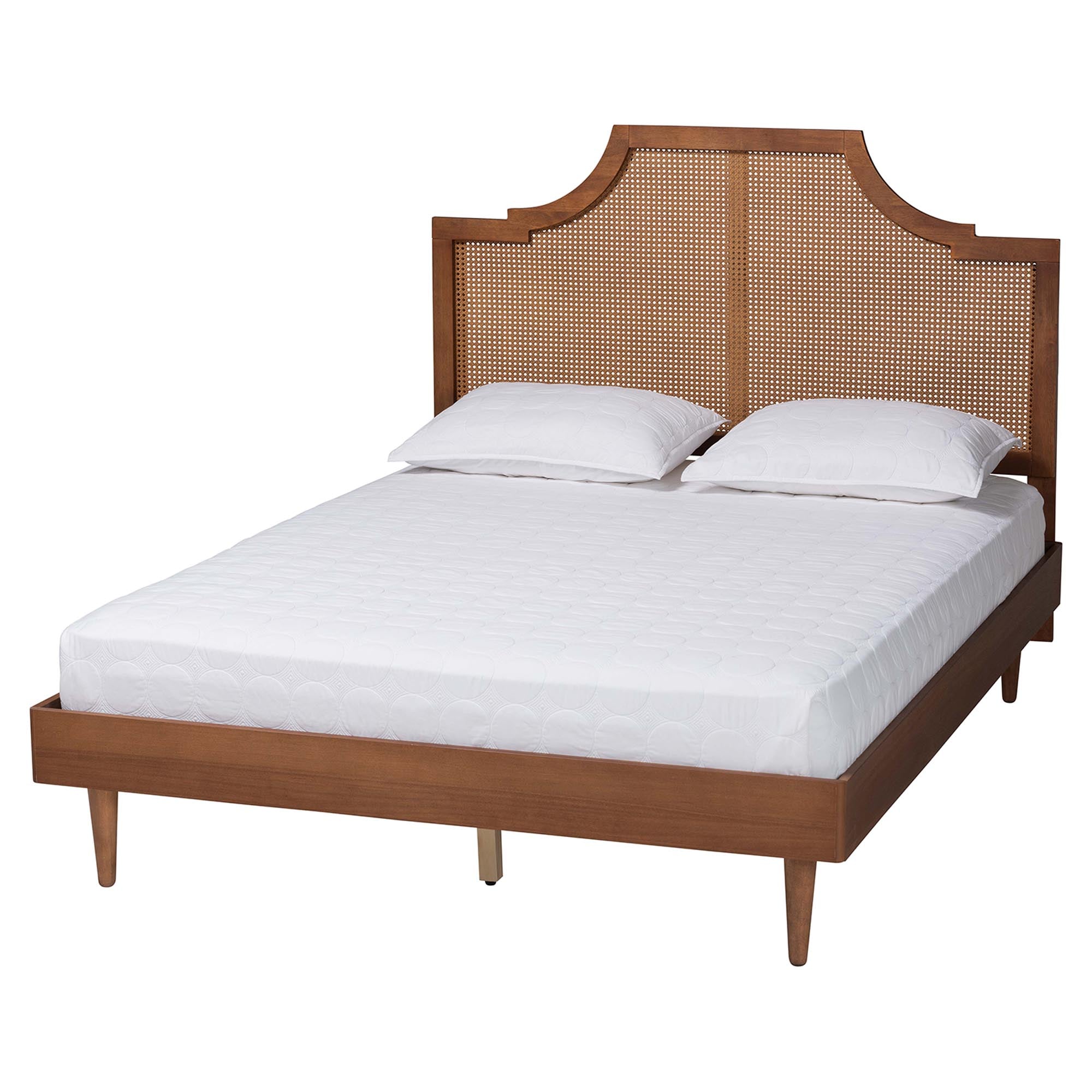 Macaria Mid-Century Modern Ash Walnut Woven Rattan Queen Size Bed