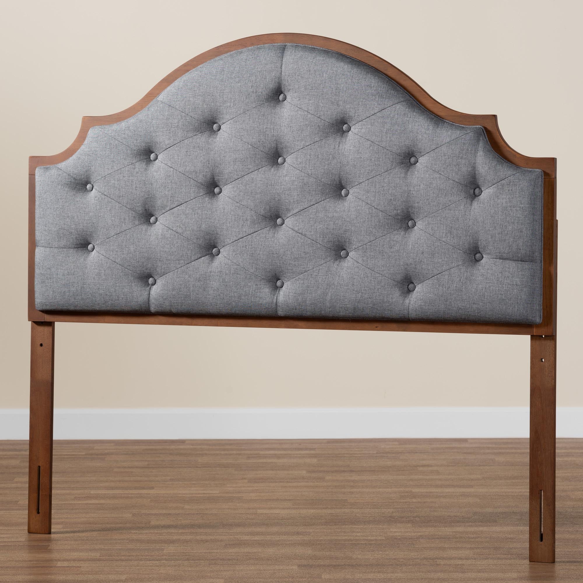 Premala Classic and Traditional Grey Fabric and Walnut Brown Finished Wood King Size Headboard