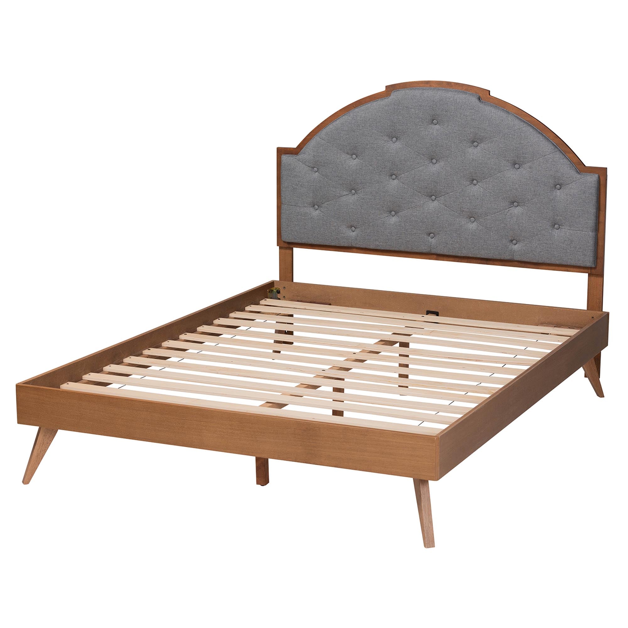 Blanchard Mid-Century Modern Grey Fabric And Walnut Brown Wood Queen Size Platform Bed