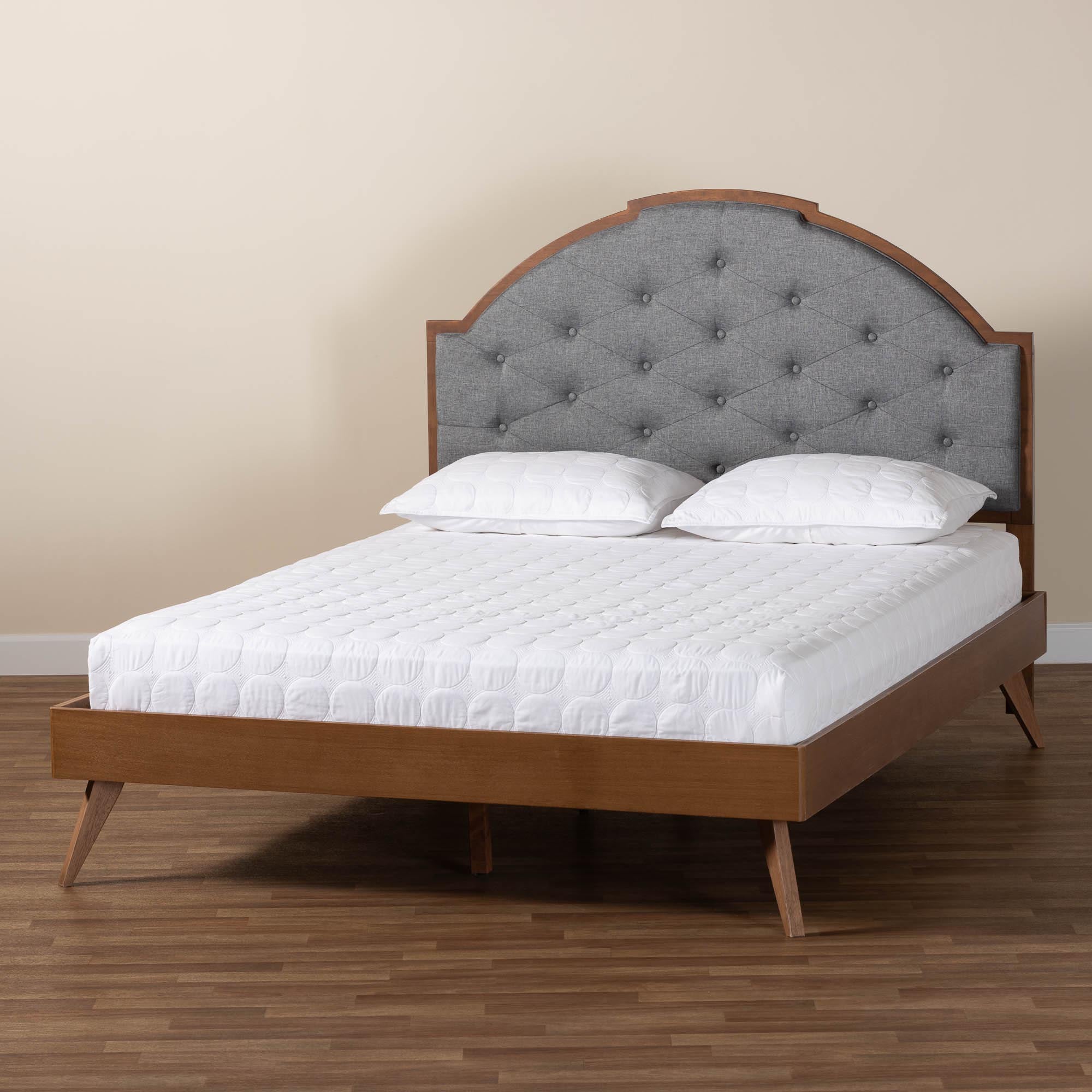 Blanchard Mid-Century Modern Grey Fabric And Walnut Brown Wood Queen Size Platform Bed