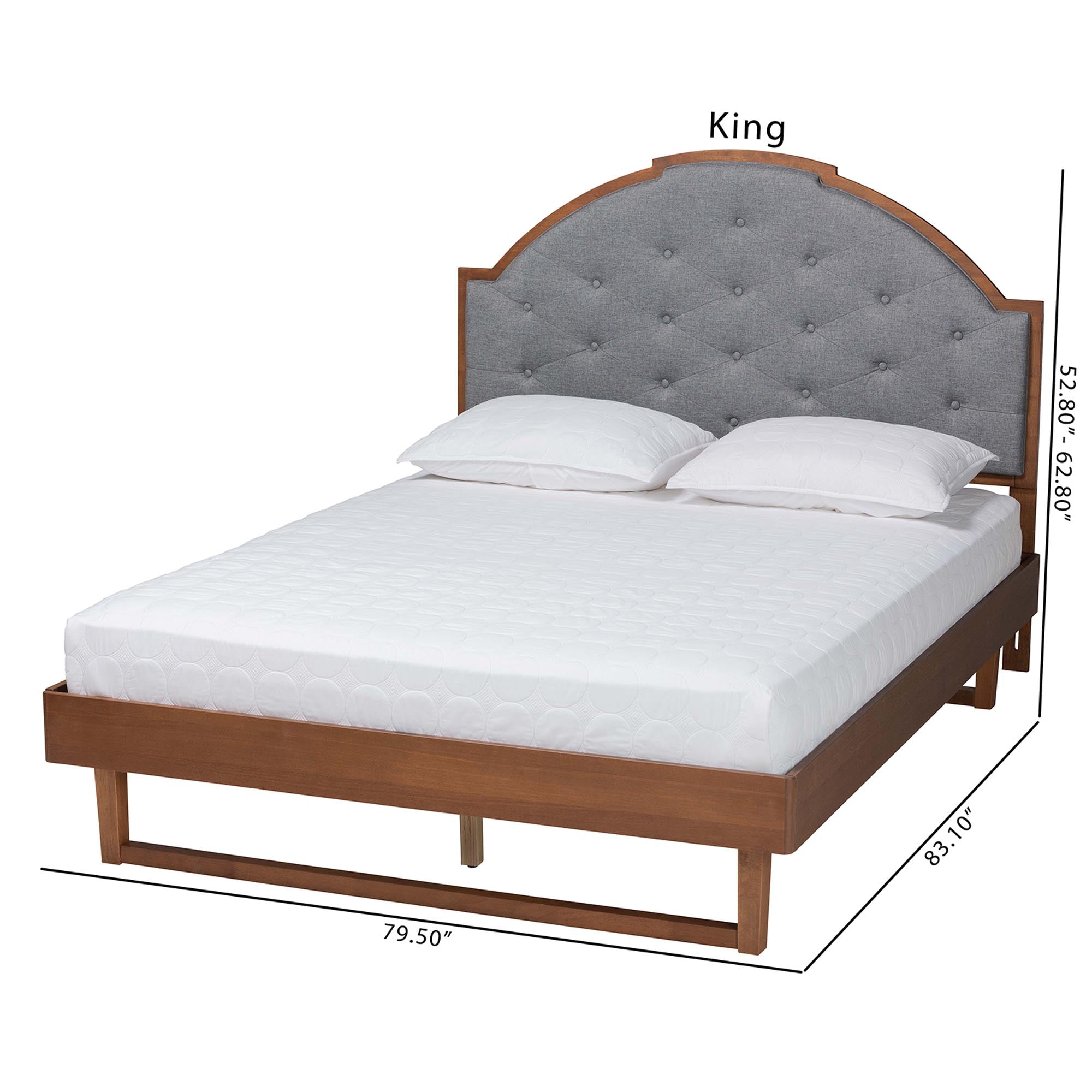 Douglas Mid-Century Modern Grey Fabric And Walnut Brown Wood King Size Platform Bed