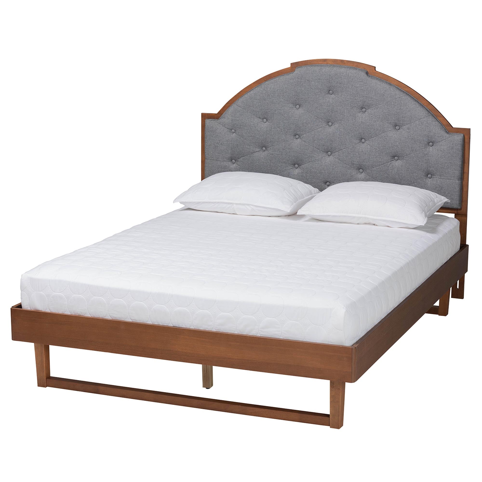 Douglas Mid-Century Modern Grey Fabric And Walnut Brown Wood King Size Platform Bed