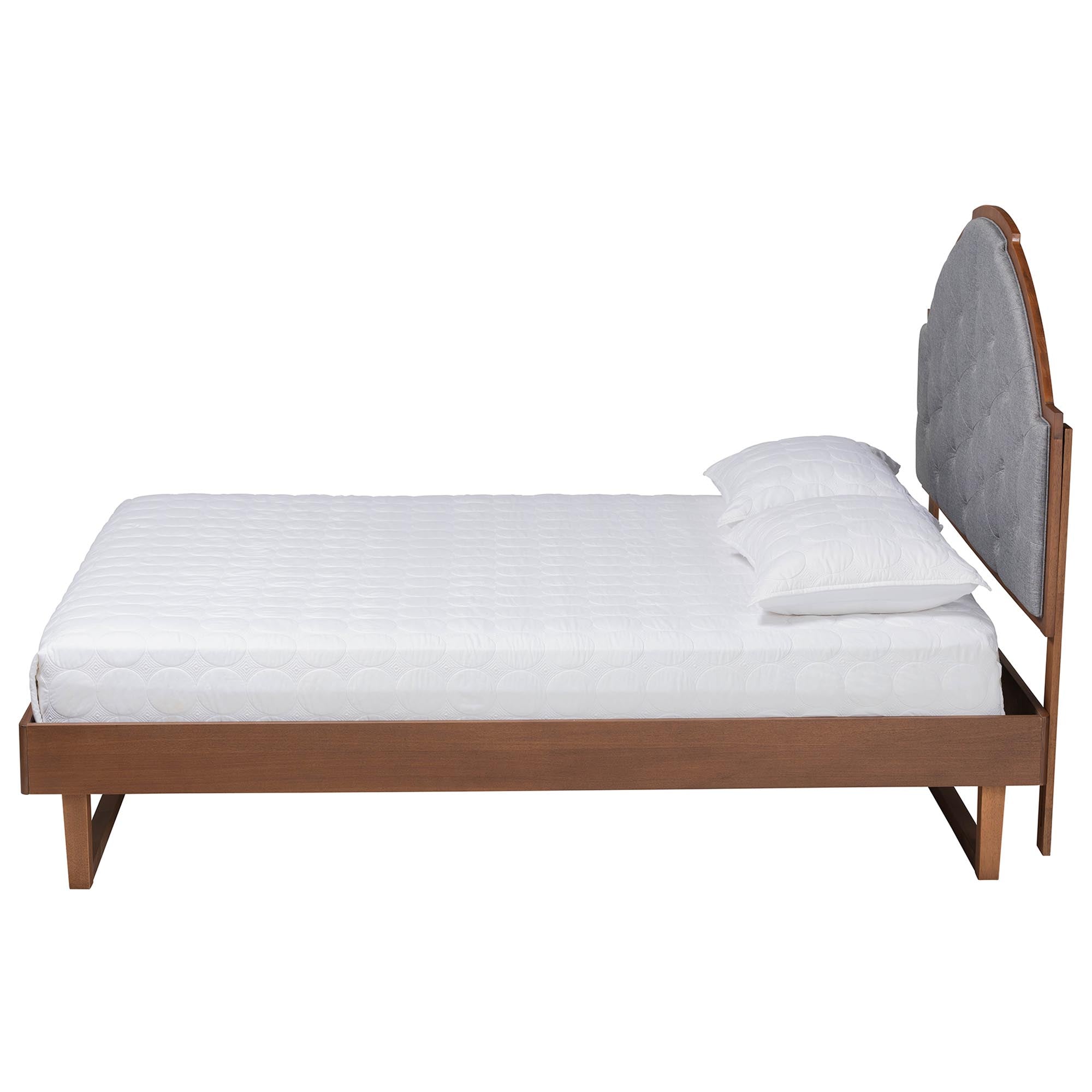 Douglas Mid-Century Modern Grey Fabric And Walnut Brown Wood Queen Size Platform Bed