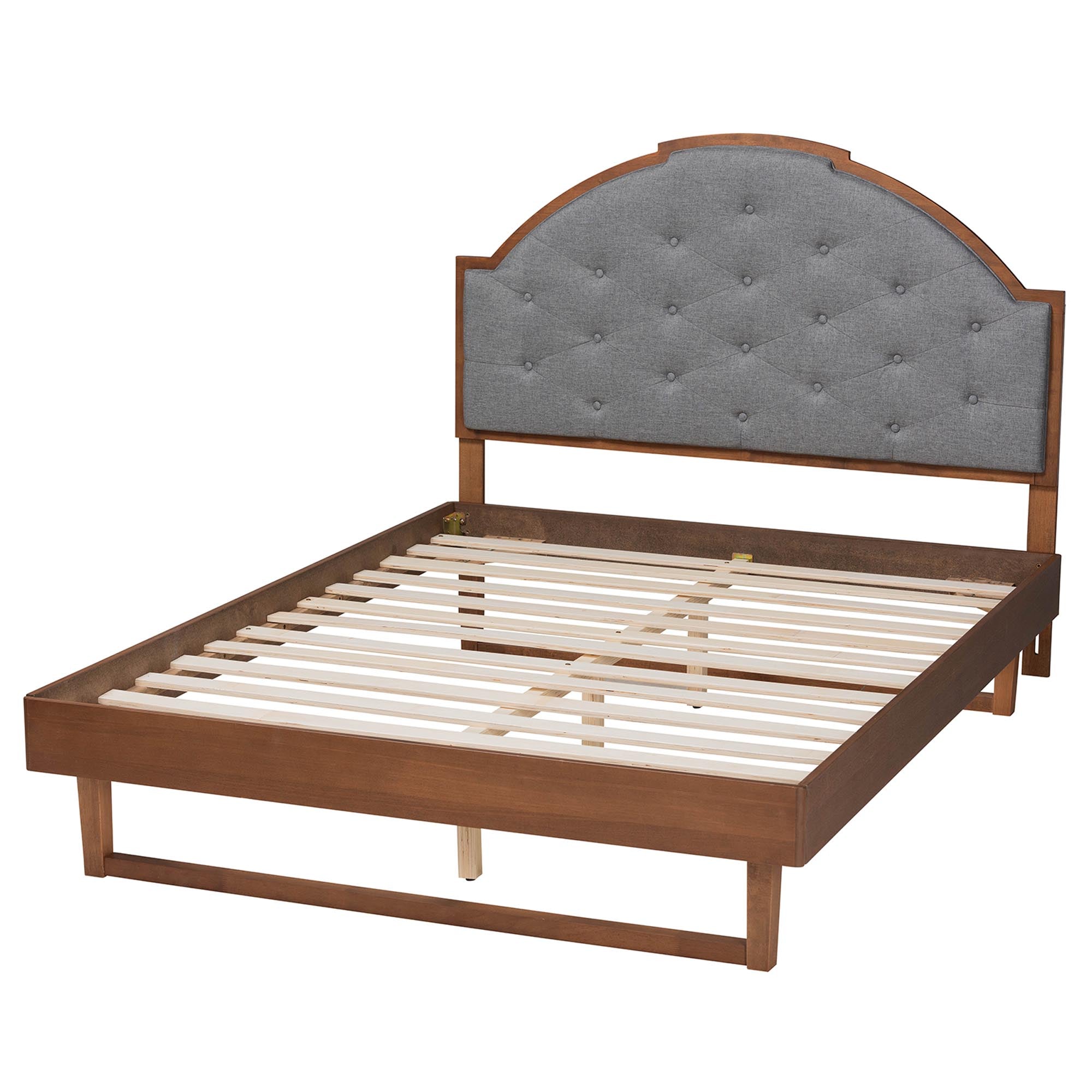 Douglas Mid-Century Modern Grey Fabric And Walnut Brown Wood King Size Platform Bed