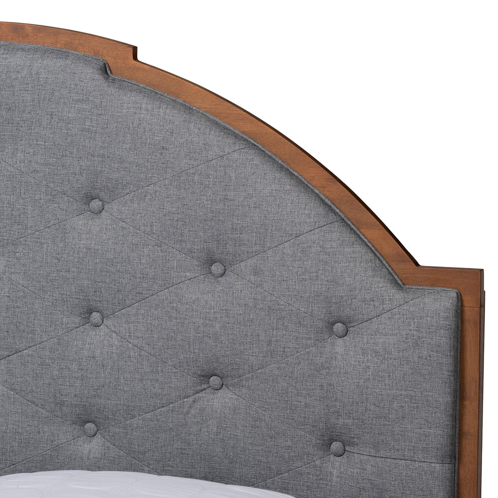 Douglas Mid-Century Modern Grey Fabric And Walnut Brown Wood Queen Size Platform Bed