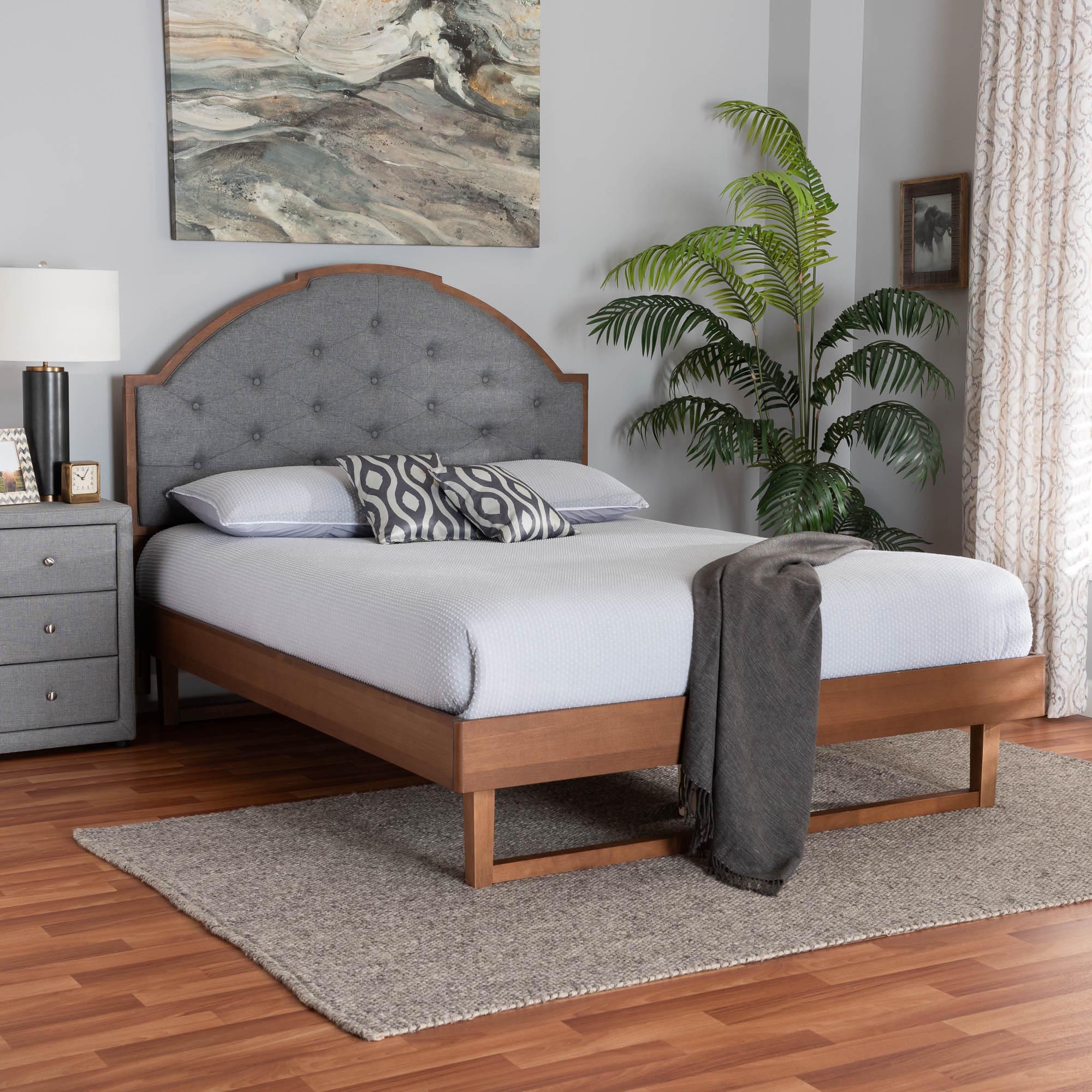 Douglas Mid-Century Modern Grey Fabric And Walnut Brown Wood King Size Platform Bed