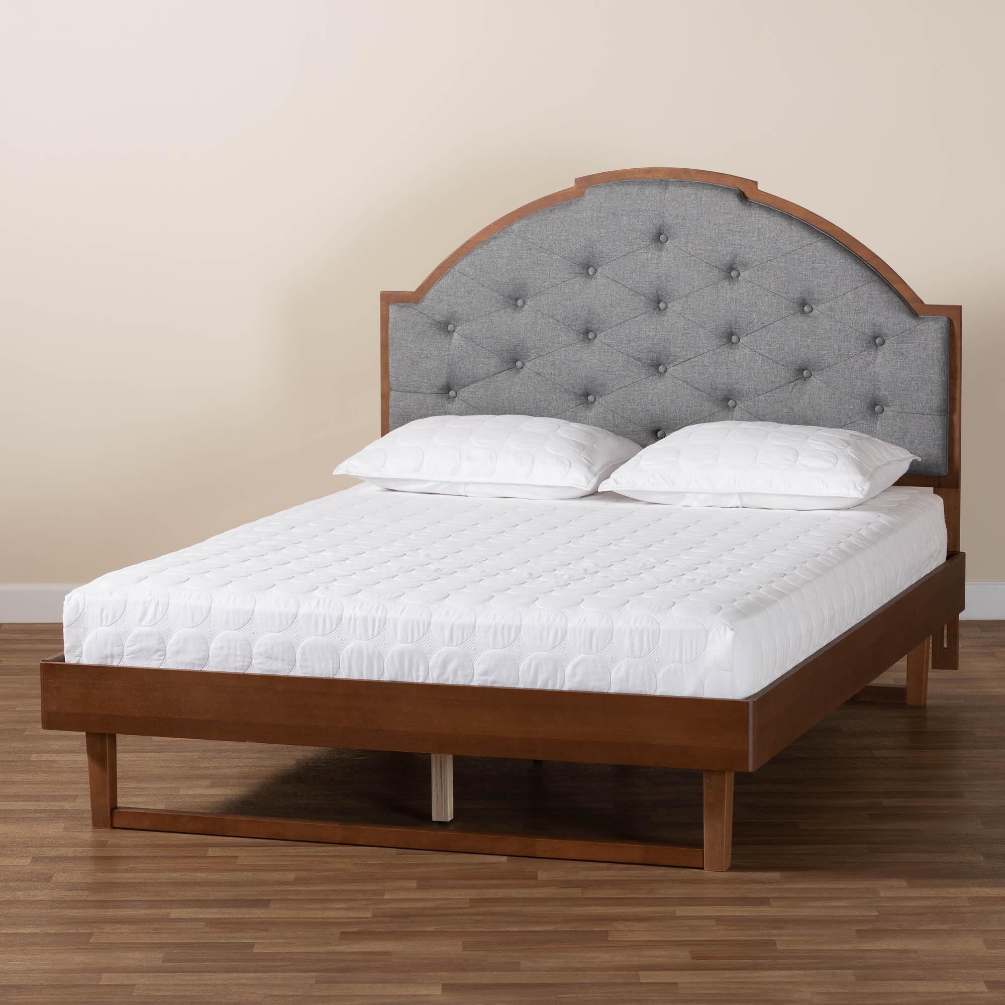 Douglas Mid-Century Modern Grey Fabric And Walnut Brown Wood Queen Size Platform Bed