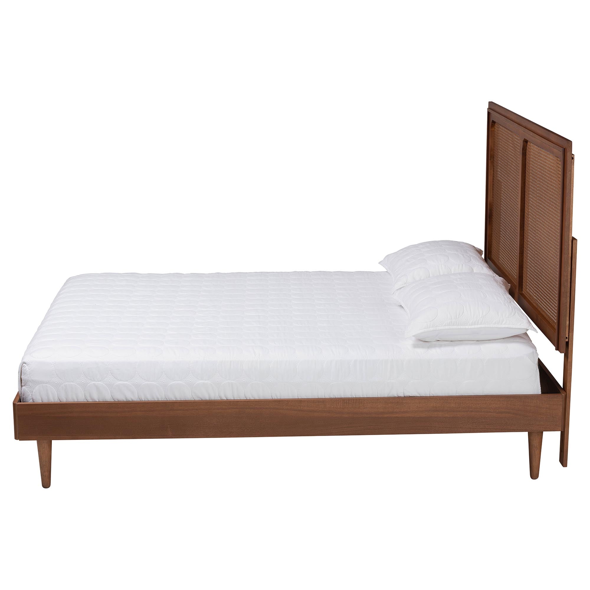 Boris Mid-Century Modern Ash Walnut Woven Rattan Queen Size Bed