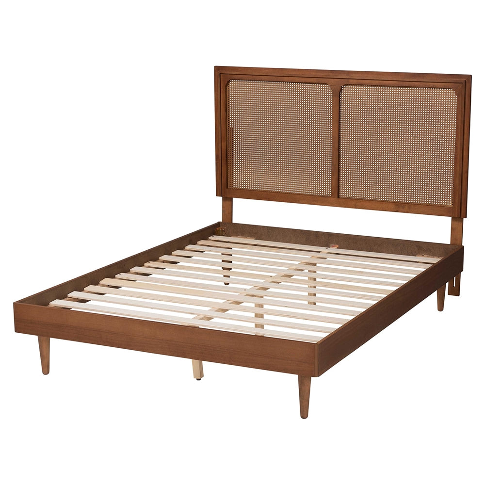 Boris Mid-Century Modern Ash Walnut Woven Rattan Queen Size Bed