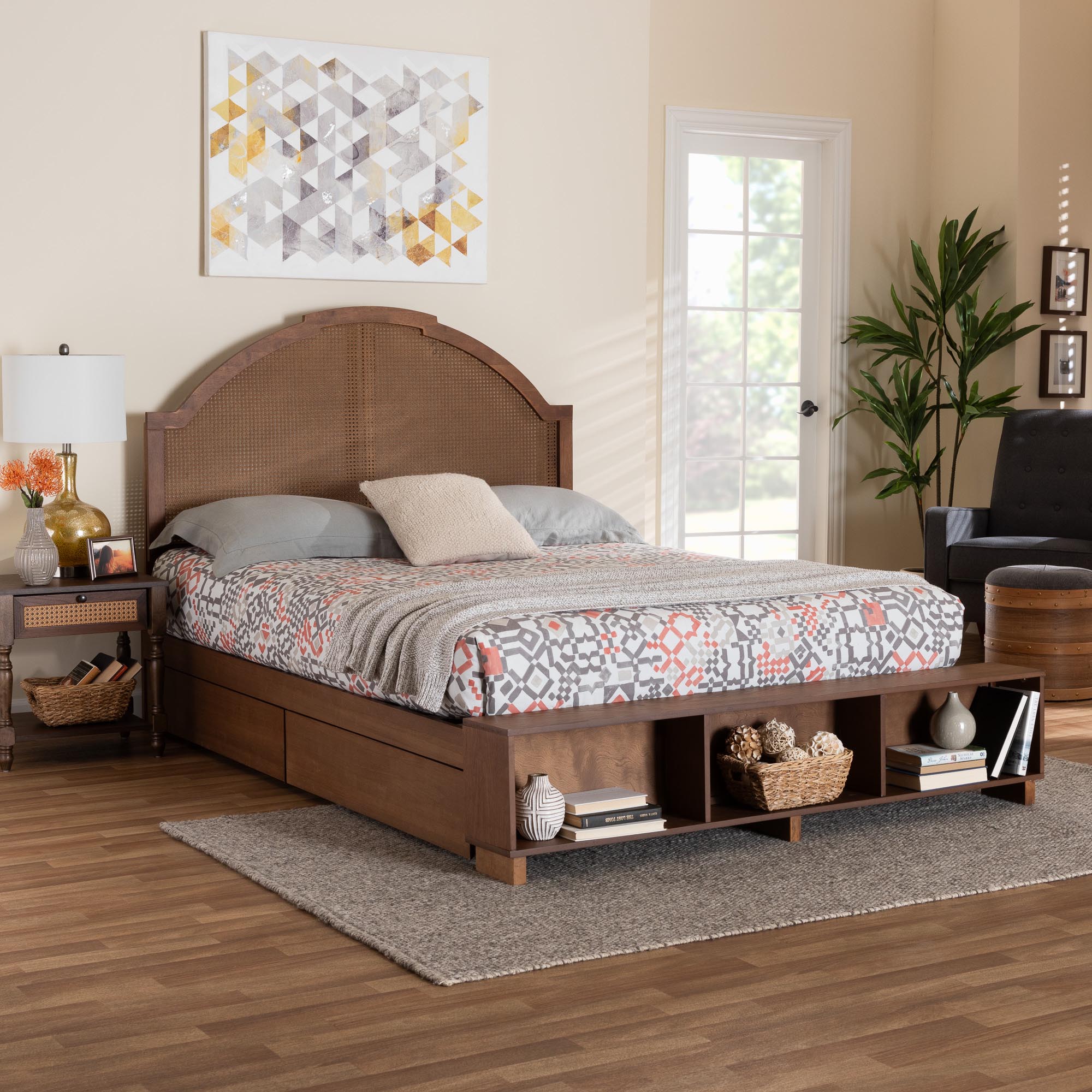 Darcila Mid-Century Walnut Brown Wood And Rattan Queen Size Storage Bed