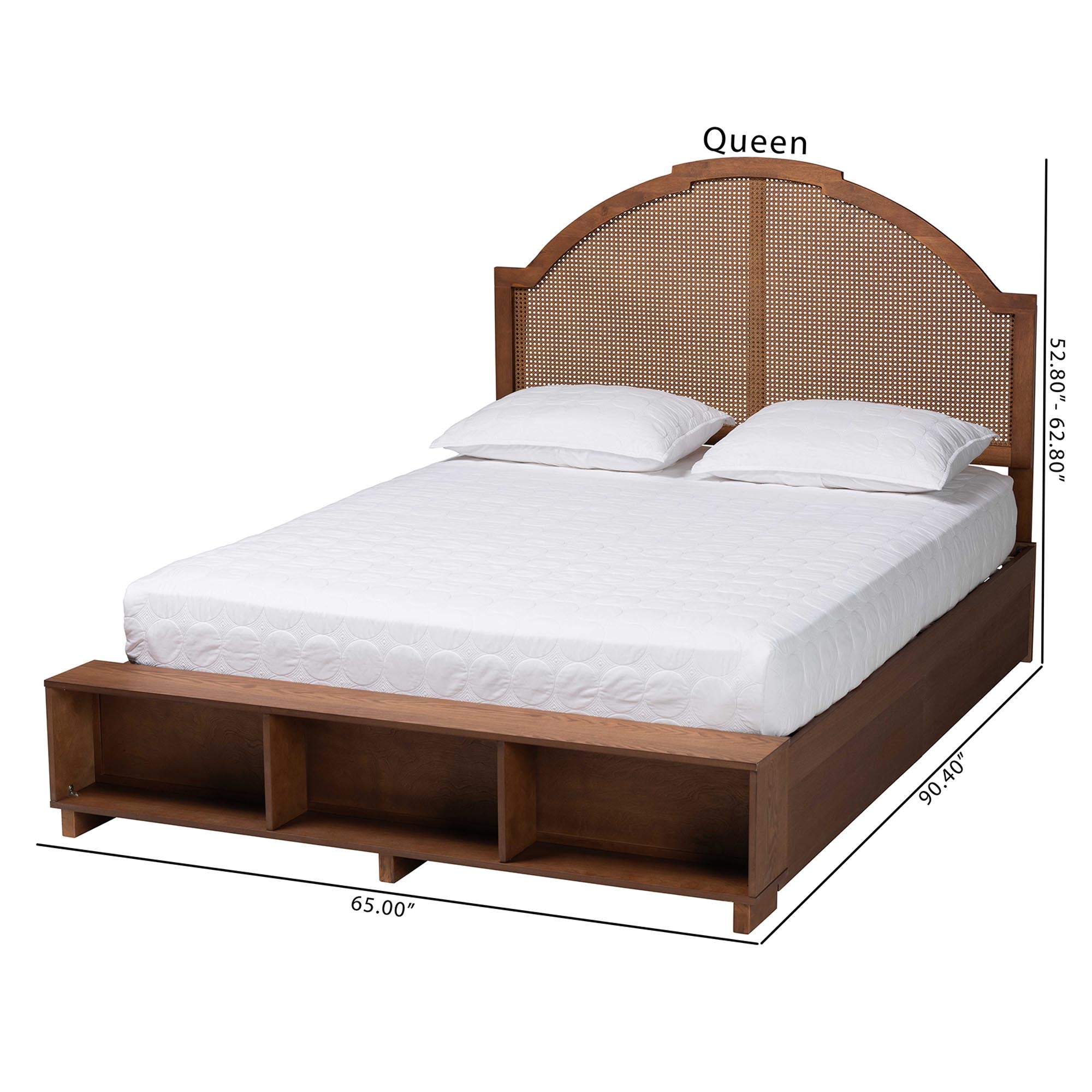 Darcila Mid-Century Walnut Brown Wood And Rattan Queen Size Storage Bed