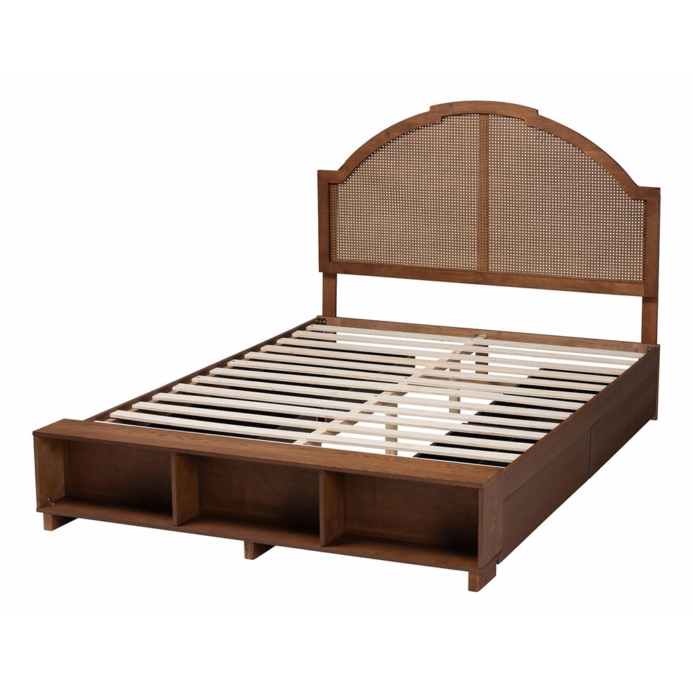 Darcila Mid-Century Walnut Brown Wood And Rattan Queen Size Storage Bed