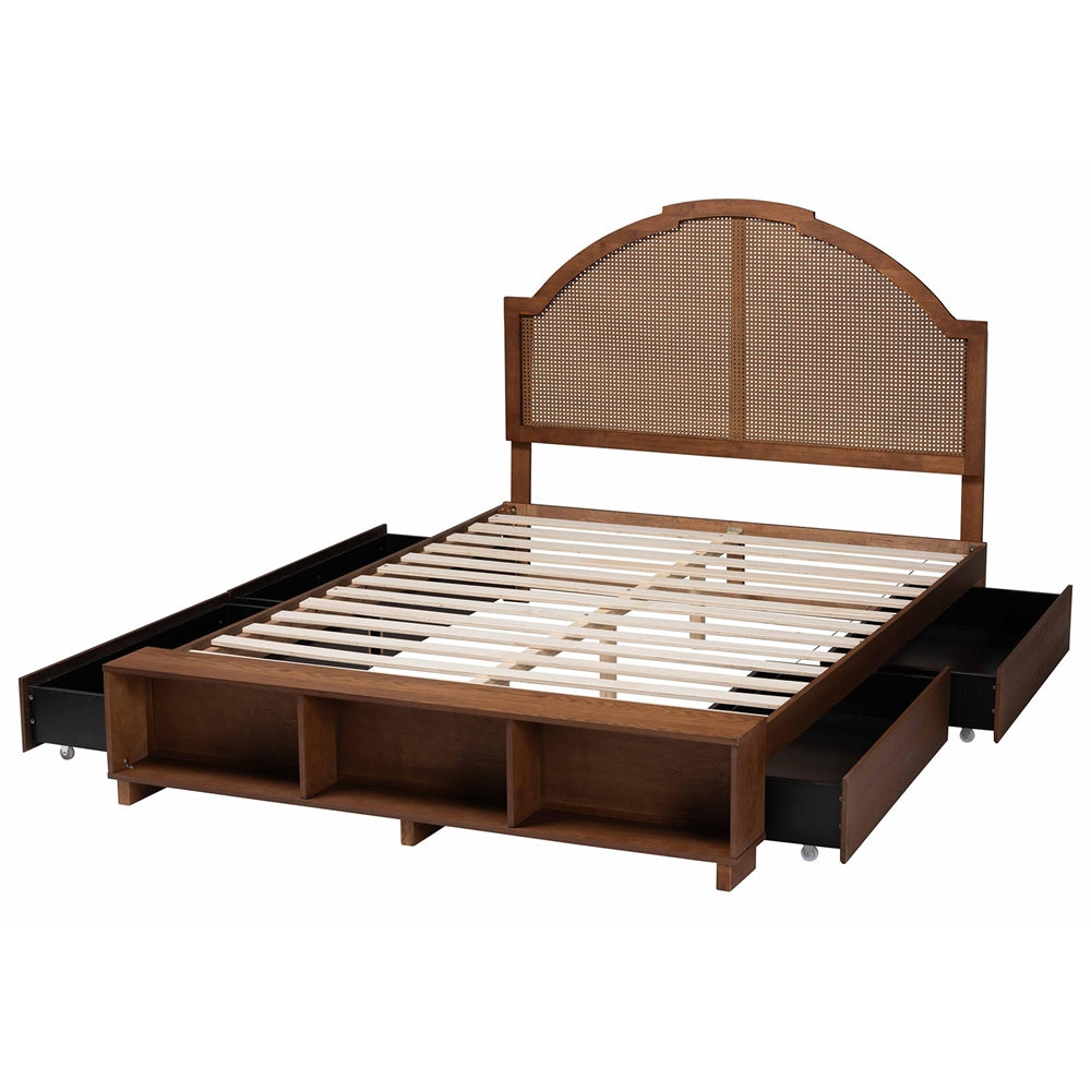 Darcila Mid-Century Walnut Brown Wood And Rattan Queen Size Storage Bed