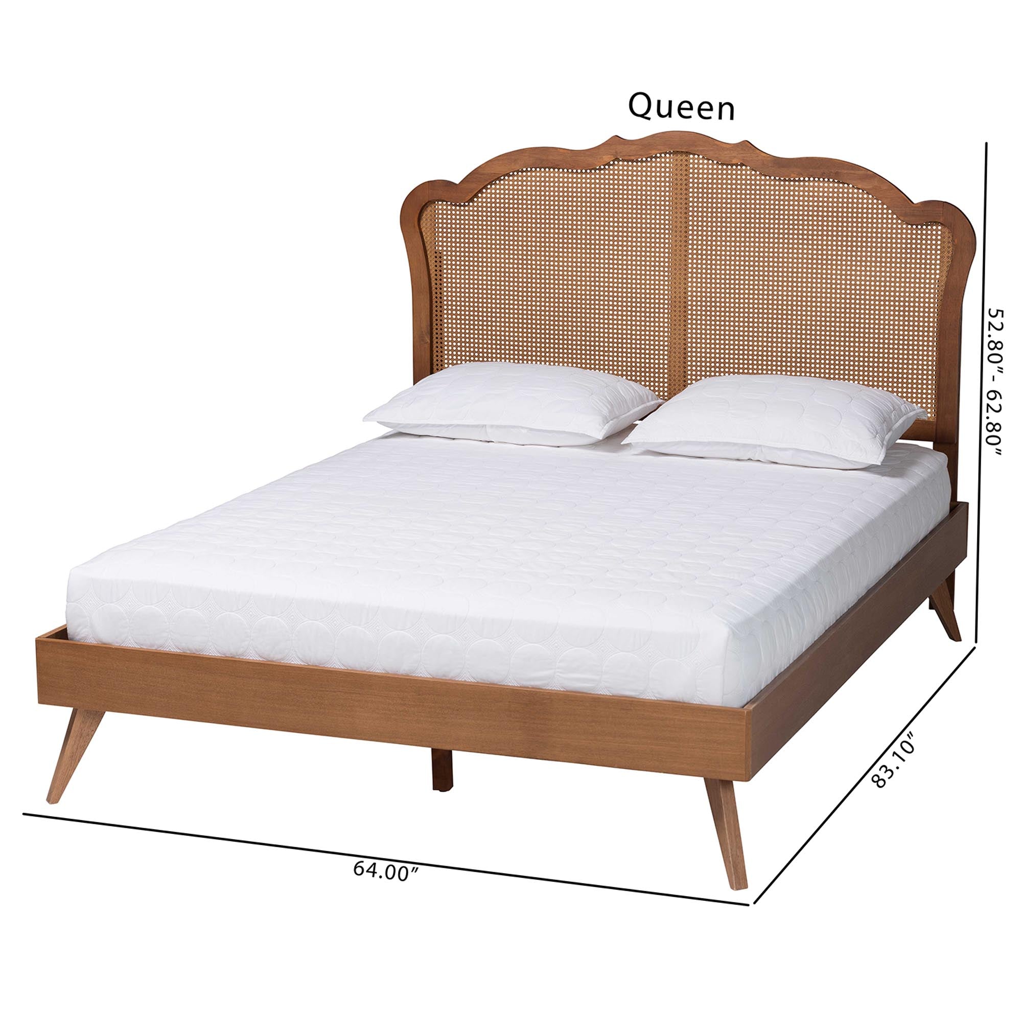 Aithan Mid-Century Walnut Brown Wood And Rattan Queen Size Platform Bed