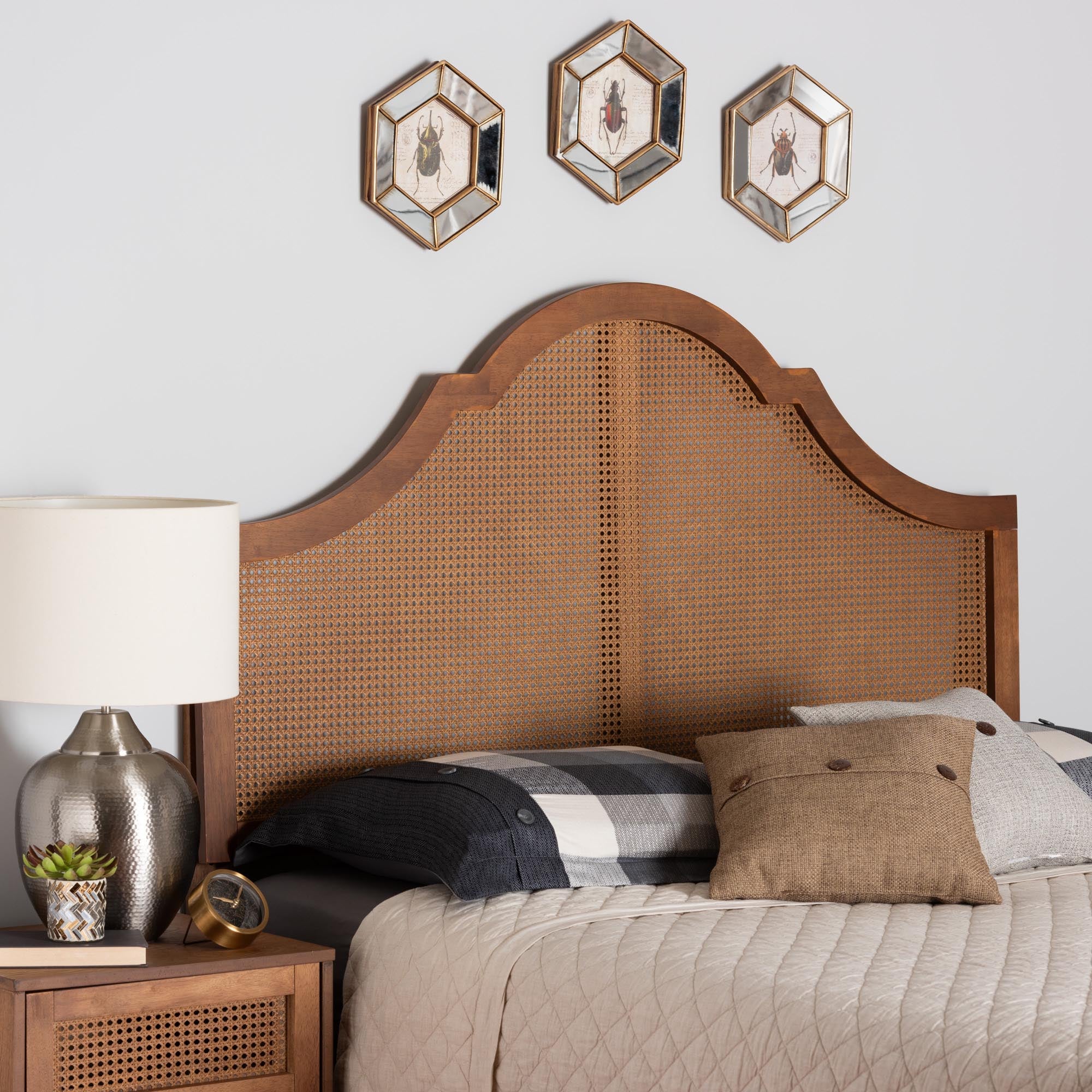 Camila Classic and Traditional Ash Walnut Finished Wood Queen Size Headboard with Rattan