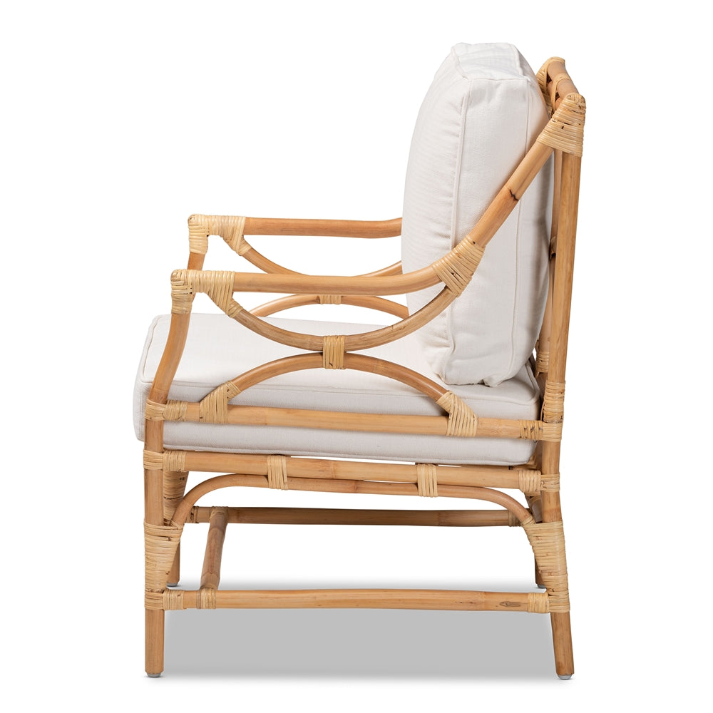 bali & pari Brandon Modern Bohemian White Fabric Upholstered and Natural Brown Rattan Armchair