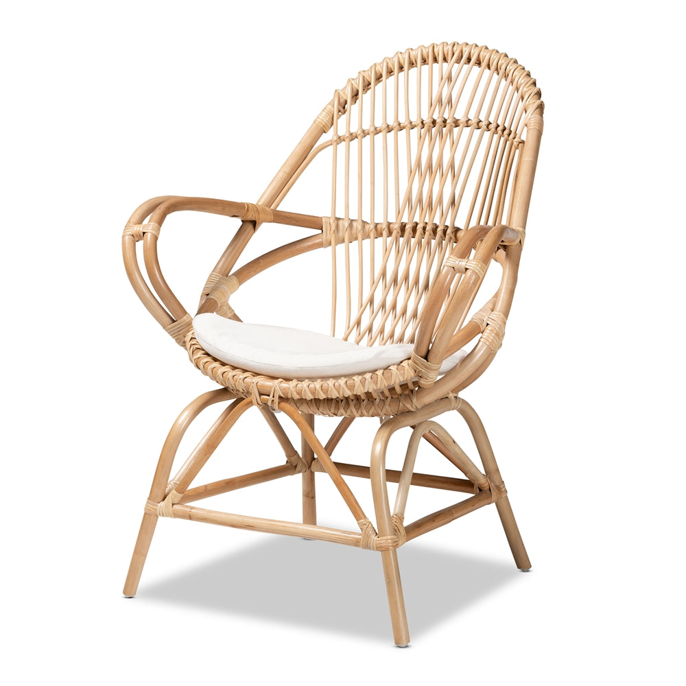 bali & pari Jayden Modern Bohemian White Fabric Upholstered and Natural Brown Finished Rattan Accent Chair