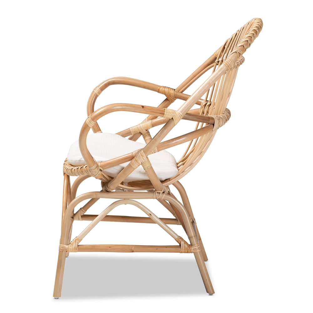 bali & pari Jayden Modern Bohemian White Fabric Upholstered and Natural Brown Finished Rattan Accent Chair