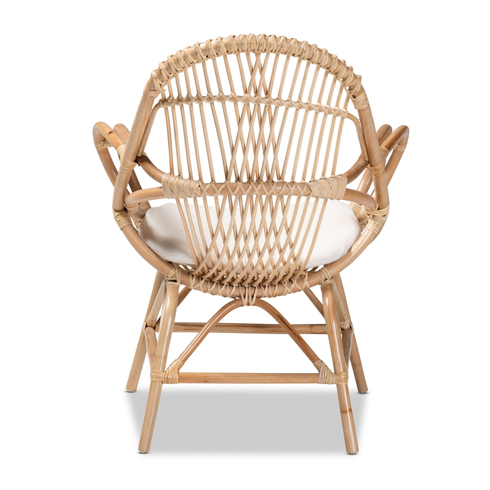 bali & pari Jayden Modern Bohemian White Fabric Upholstered and Natural Brown Finished Rattan Accent Chair