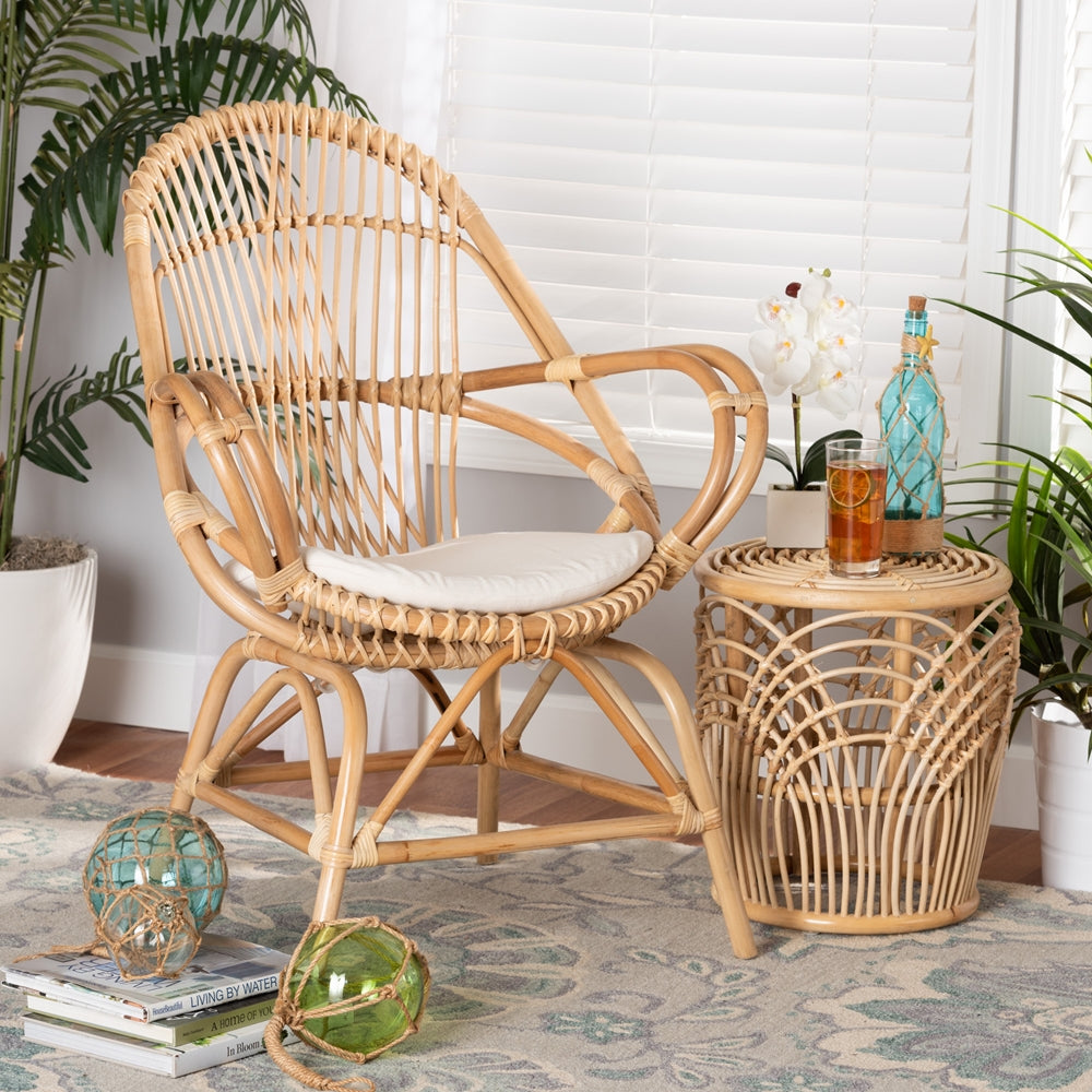 bali & pari Jayden Modern Bohemian White Fabric Upholstered and Natural Brown Finished Rattan Accent Chair