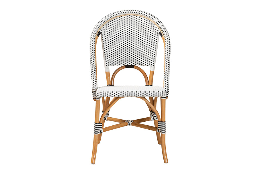 bali & pari Genica Classic French Black and White Weaving and Natural Brown Rattan Indoor and Outdoor Bistro Chair