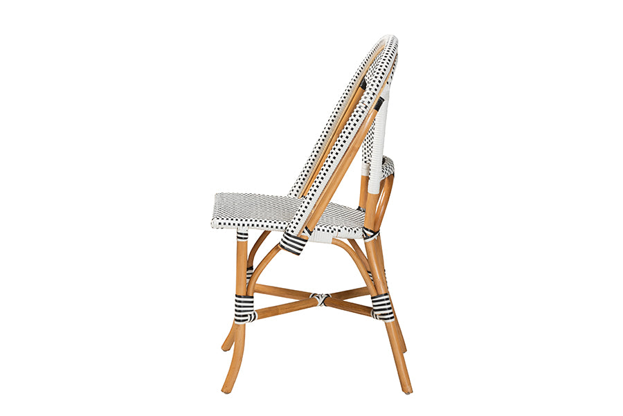 bali & pari Genica Classic French Black and White Weaving and Natural Brown Rattan Indoor and Outdoor Bistro Chair