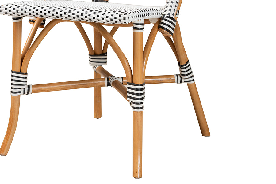 bali & pari Genica Classic French Black and White Weaving and Natural Brown Rattan Indoor and Outdoor Bistro Chair