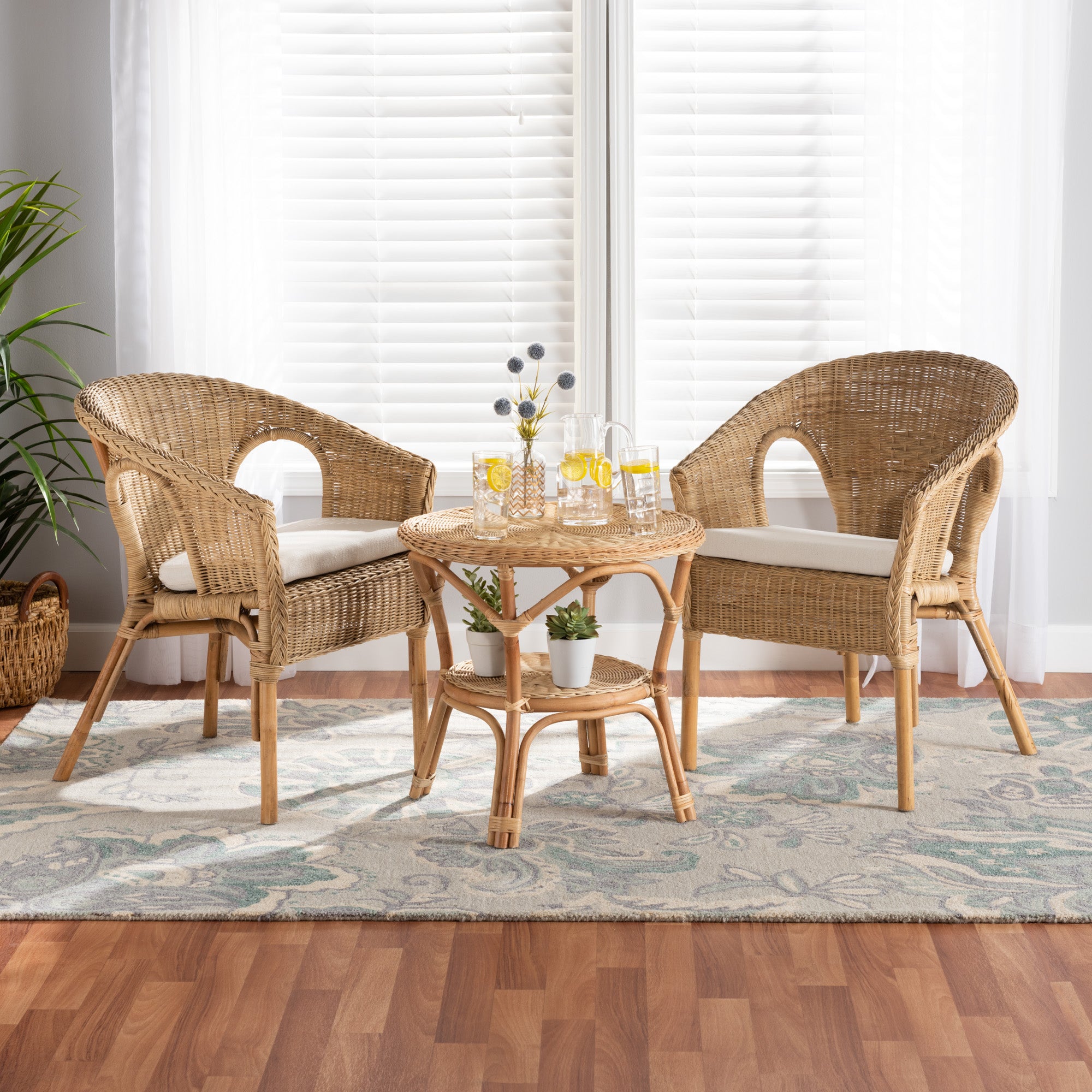 Abbey Modern Bohemian Natural Brown Antique Rattan 3-Piece Living Room Set