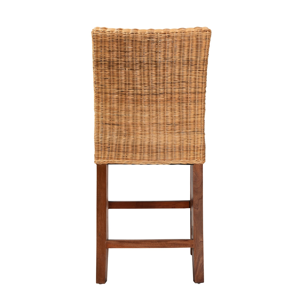 Racquel Modern Bohemian Natural Rattan and Mahogany Wood Counter Stool