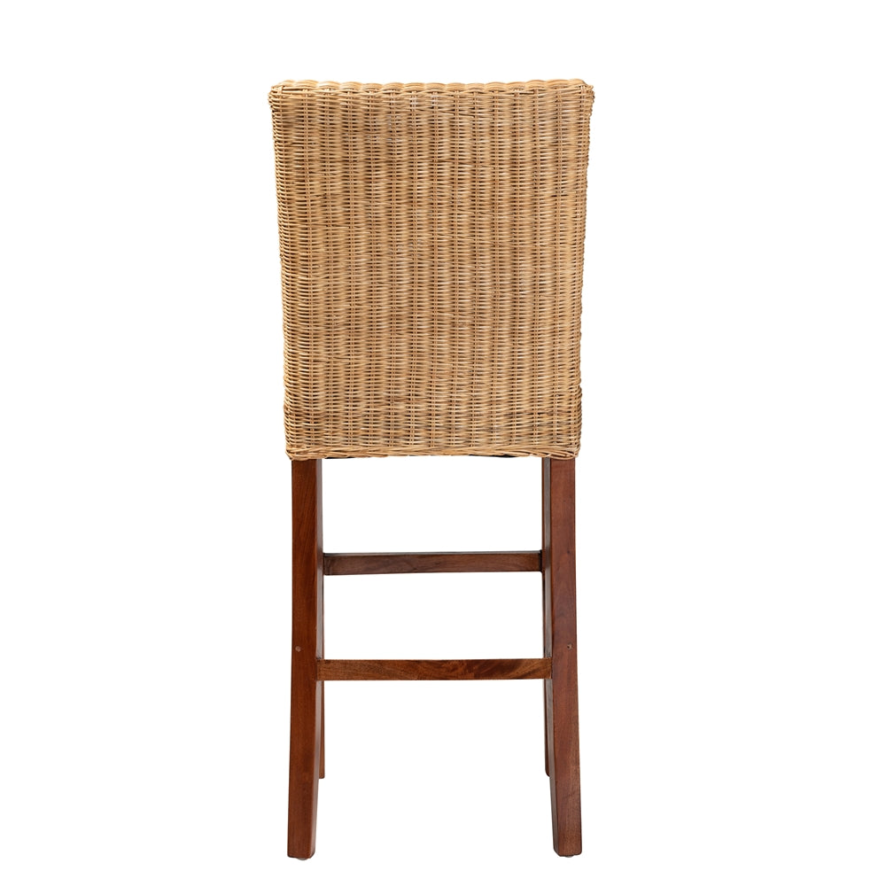Racquel Modern Bohemian Natural Rattan and Mahogany Wood Bar Stool