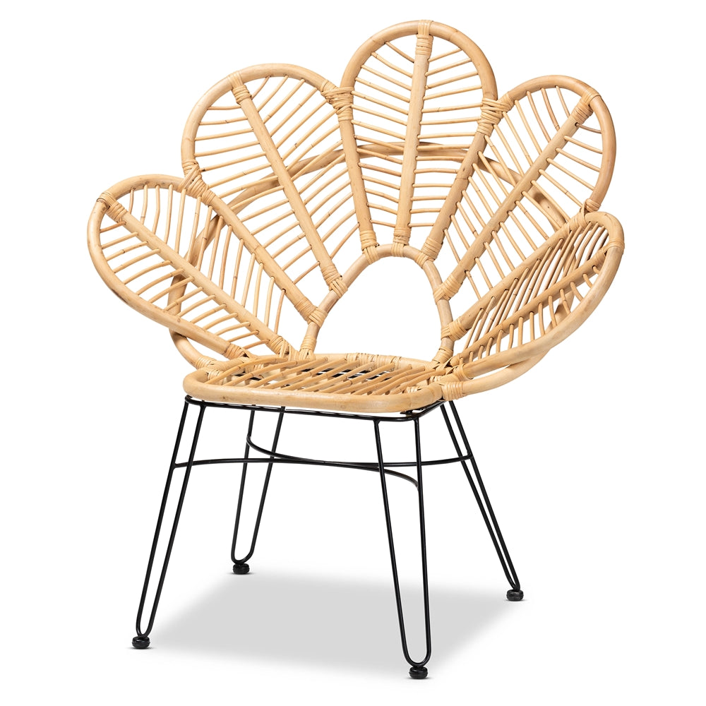 bali & pari Garan Modern Bohemian Natural Brown Rattan and Black Metal Accent Chair