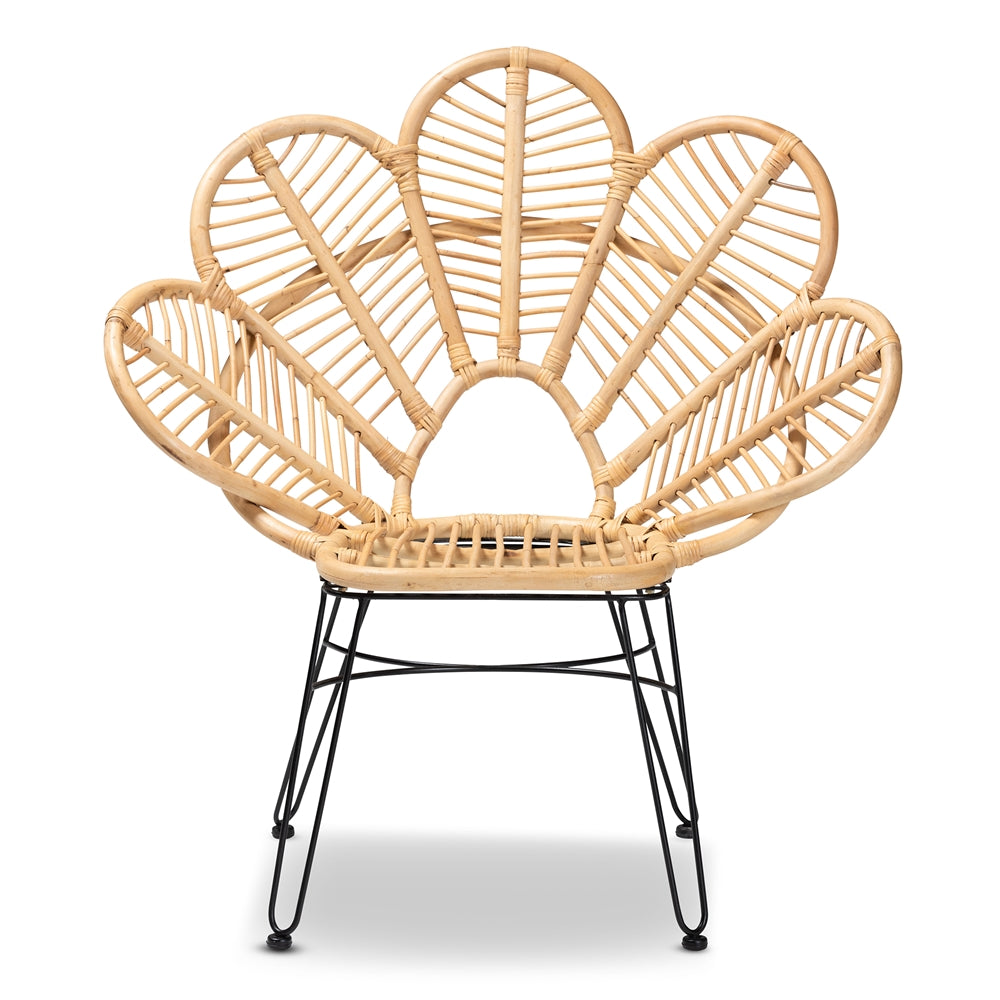 bali & pari Garan Modern Bohemian Natural Brown Rattan and Black Metal Accent Chair