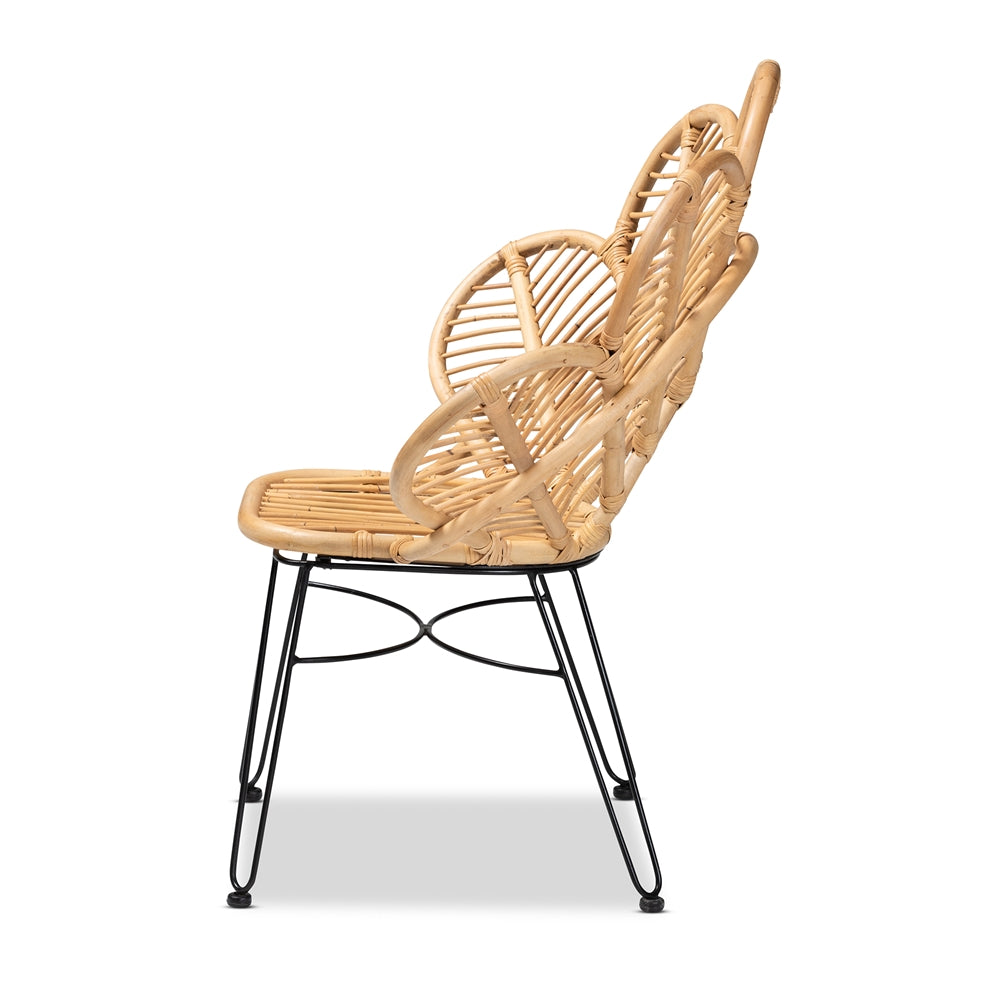 bali & pari Garan Modern Bohemian Natural Brown Rattan and Black Metal Accent Chair