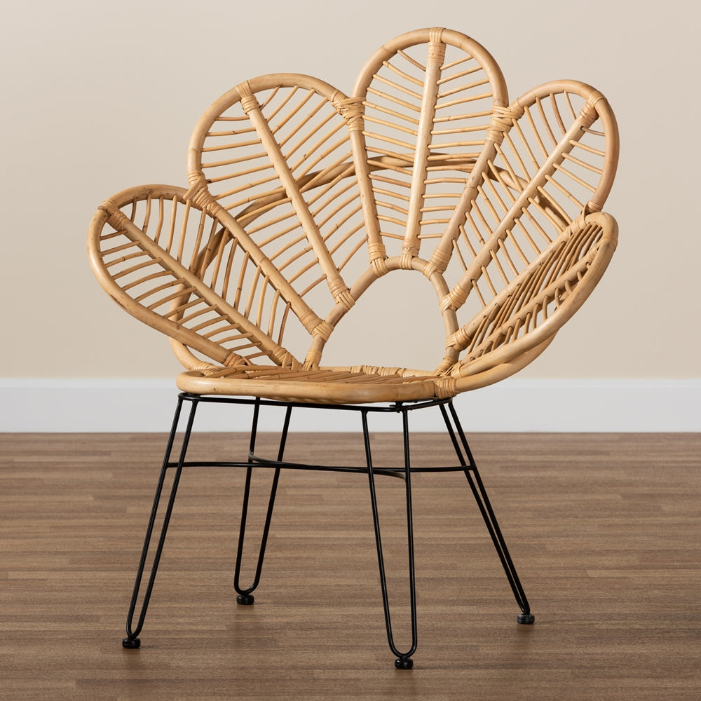 bali & pari Garan Modern Bohemian Natural Brown Rattan and Black Metal Accent Chair