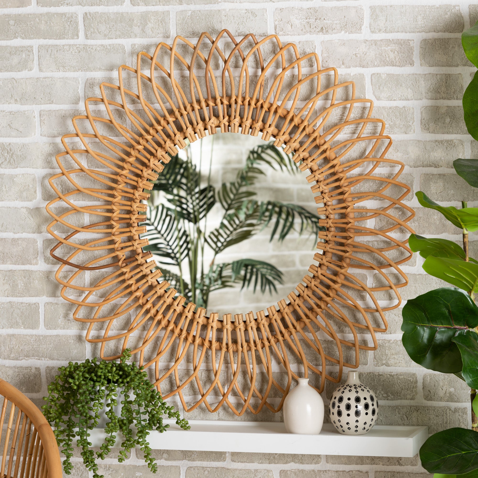 Bora Modern Bohemian Natural Brown Rattan Accent Wall Mirror