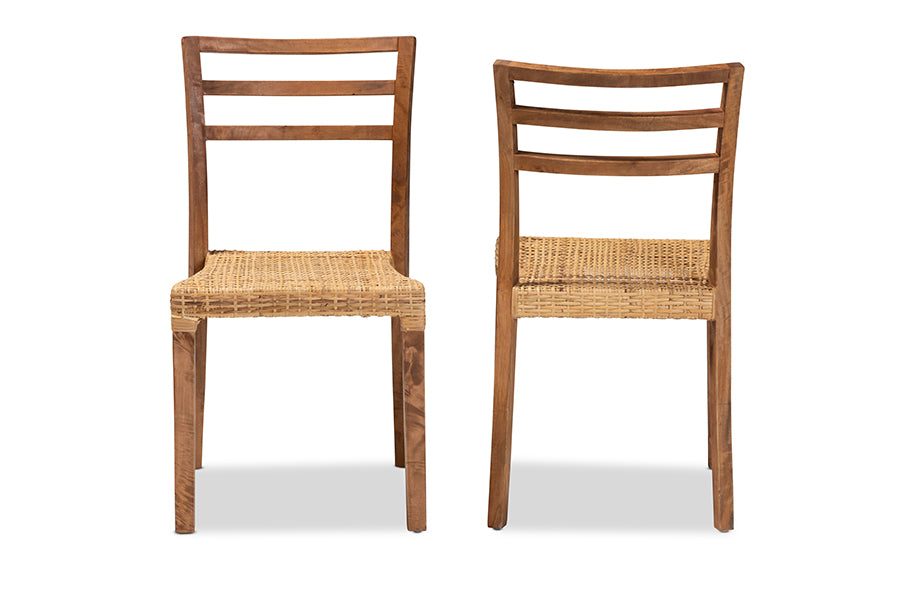 bali & pari Arthur Mid-Century Modern Walnut Brown Mahogany Wood and Natural Rattan 2-Piece Dining Chair Set