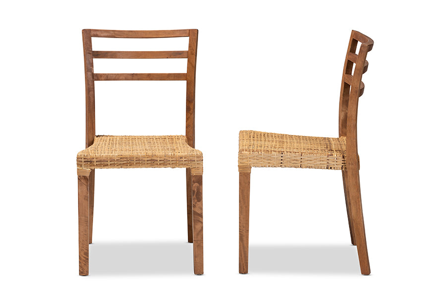 bali & pari Arthur Mid-Century Modern Walnut Brown Mahogany Wood and Natural Rattan 2-Piece Dining Chair Set