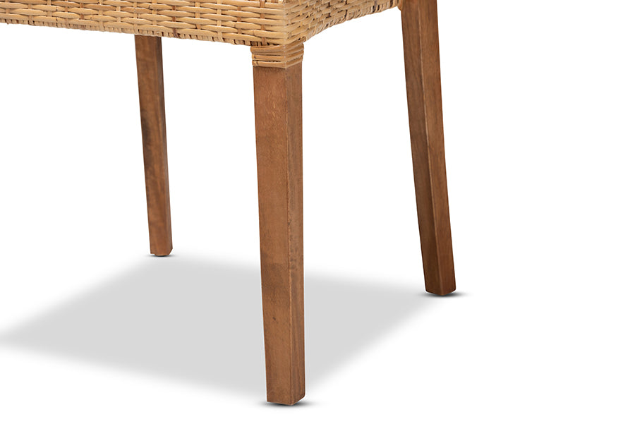 bali & pari Arthur Mid-Century Modern Walnut Brown Mahogany Wood and Natural Rattan 2-Piece Dining Chair Set