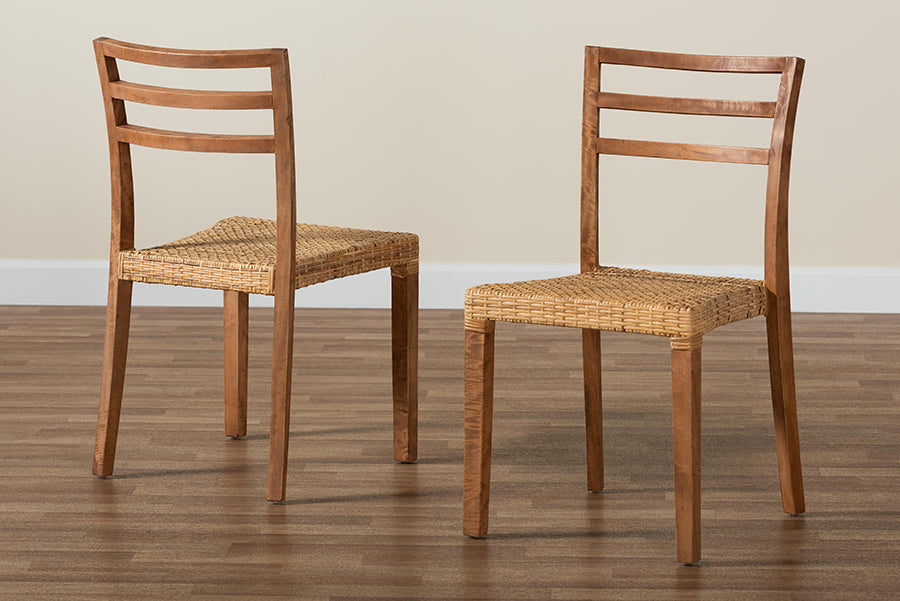 bali & pari Arthur Mid-Century Modern Walnut Brown Mahogany Wood and Natural Rattan 2-Piece Dining Chair Set