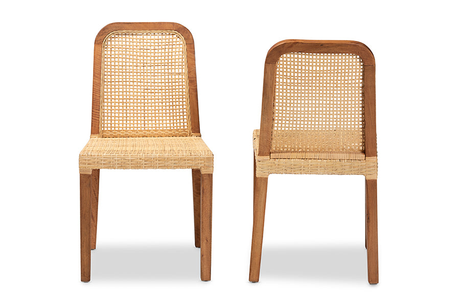 bali & pari Caspia Mid-Century Modern Walnut Brown Mahogany Wood and Natural Rattan 2-Piece Dining Chair Set