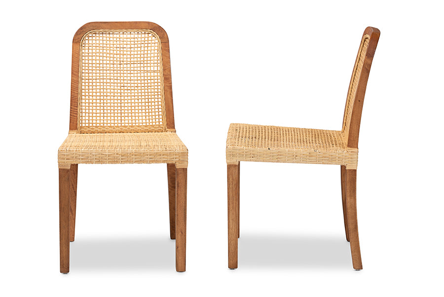 bali & pari Caspia Mid-Century Modern Walnut Brown Mahogany Wood and Natural Rattan 2-Piece Dining Chair Set
